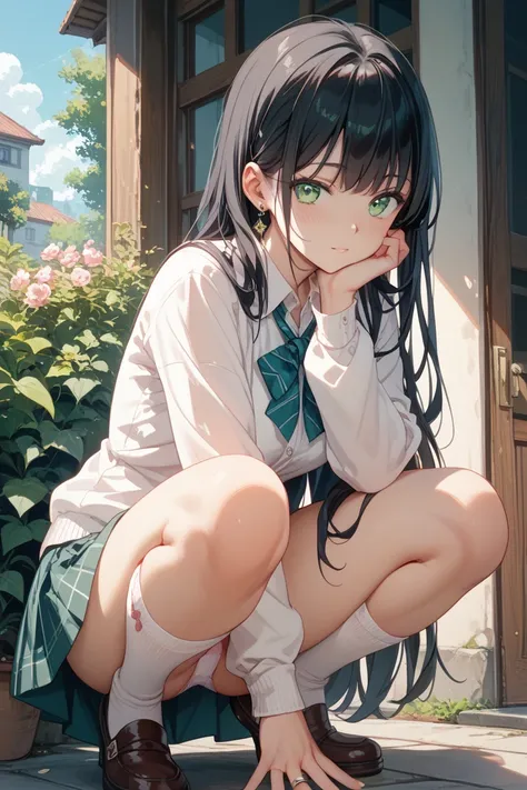  girl、 emerald green eyes 、 black hair、 crouching込み、 crouching、 facing the front、 Panties、 forward bending