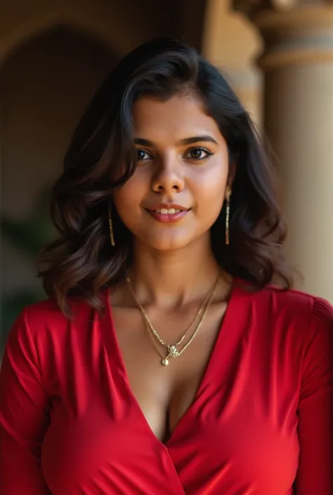 A indian women wearing red blouse. Her big boobs clearly visible. Close up shot 