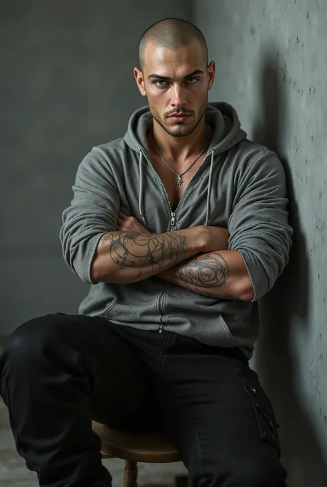 A stunning hyper-realistic depiction of a European man with a shaved head and strikingly pale skin glowing under soft studio lighting. His clean-shaven face reveals sharp cheekbones and a strong jawline. He wears a loose-fitting gray hoodie with the hood p...