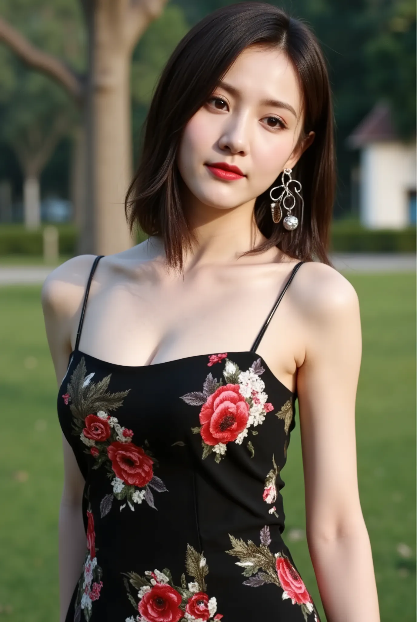 high definition professional photography stylem,natural skin texture.Style: Retro film photography

Subject: A young Asian woman in a black floral dress with shoulder-length wavy dark brown hair, wearing silver dangling earrings

Setting: A serene outdoor ...