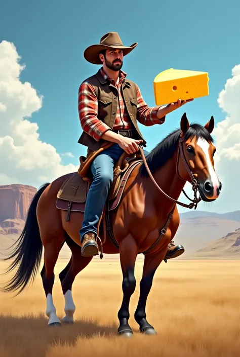 Cowboy riding a horse and holding cheese 