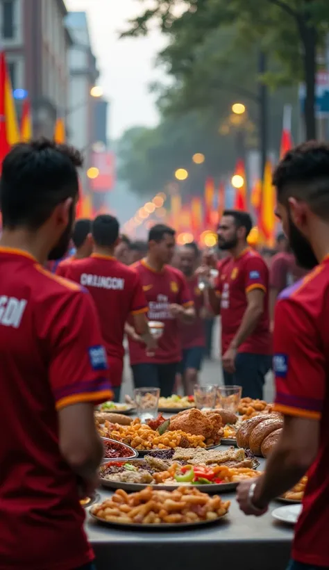  getting ready Dinner The Fan Party

Picture :  Streets around the stadium taken over by fans with flags and colorful jerseys. 2:

 Soundtrack :  Fan singing and heavy drumming .

 Description :  The streets were bustling from an early age .  Fans dressed ...