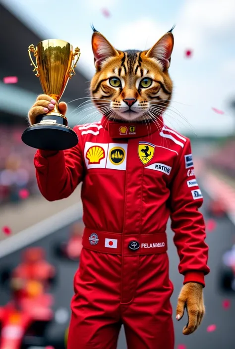 Un chat tigré foncé dans un combinaison rouge sur le podium d’une course de Formule 1, tenant un trophée entre ses pattes, avec des confettis tombant autour de lui. Un public en liesse applaudit son exploit.