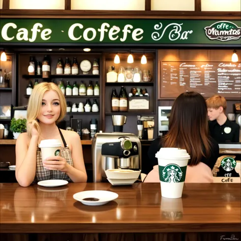 Create a coffee shop scene with signs written coffee in a daily shade of brown,light firendly,heartwarming, café feuillette,bar,cosy,coconing,the scene is happening inside a cofee bar  there is no people, color green dominantes 