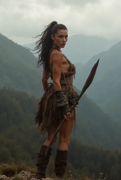 **"A realistic and cinematic full-length image of a prehistoric Norwegian trival warrior woman, with prehistoric weapon in her hand, sensual and powerful, exercising on the top of a mountain at dawn, stormy sky, while exercising. She looks directly at the ...