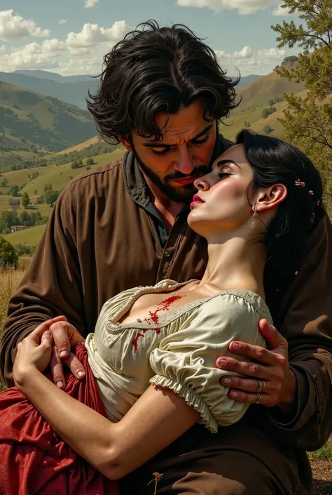  Real photo of a beautiful woman from 1526,  in the countryside seriously wounded in the throat . Raven black hair dark eyes .  A Spanish man holds it in his arms 