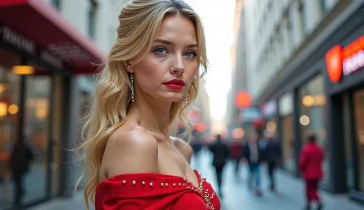 Beautiful blonde girl of Russian appearance up close in a charming red dress 30 years old, beautiful modern street in the background