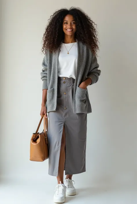 White shirt gery sweater with long grey dress had bag curly hair ethiopian girl with light skinn have agood shape and have dimple also white airforce shoes