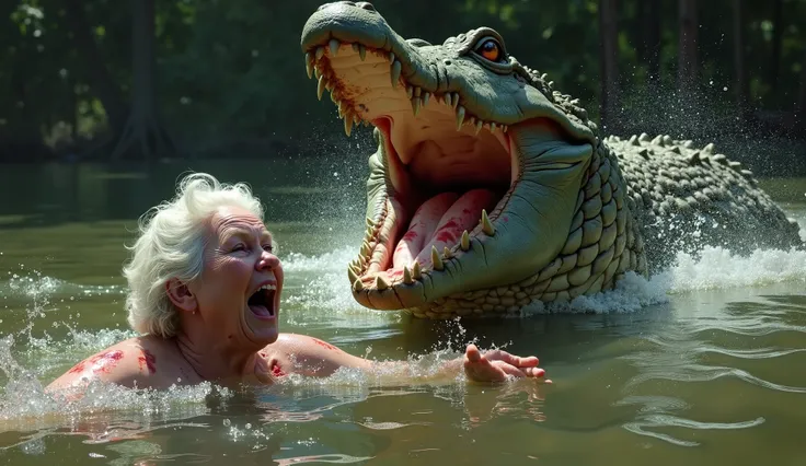 A hyper-realistic digital painting of an elderly woman swimming in a murky river, screaming in fear as a large, aggressive alligator emerges from the water with its mouth open. Blood splatters are visible, and the water is disturbed, adding to the dramatic...