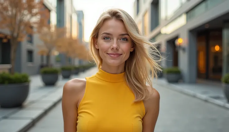 Beautiful blonde girl of Russian appearance up close in a charming yellow dress 30 years old, beautiful modern street in the background
