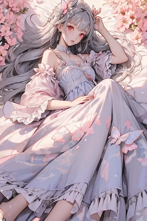  Young girl、 gray hair long、      Red Eye、      princess、      Super long bang anime style 、  frill dress、(( place your hands on your hips)).((Pink butterfly)).((Lying down in a flower field )).