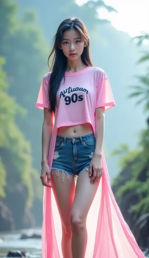  3d 8k photo taken with high quality camera,  very bright , Asian girl with round face ,  seductive smile,  sexy in various poses ,  Exciting action , Outdoor on the mountain,rain, rainหนักมาก, Rain, It's raining ,, Standing among the cannabis trees , Wear...