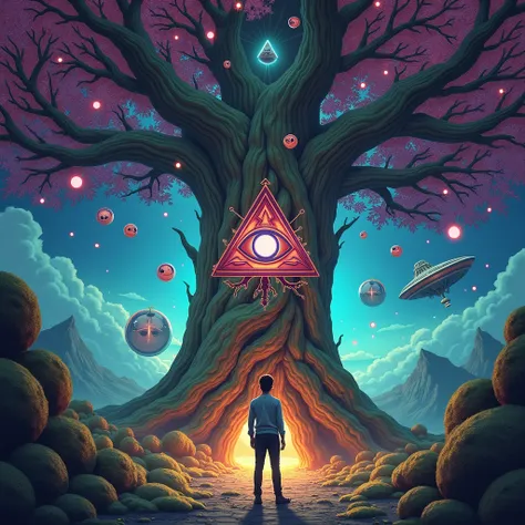 Create a tree with the most psychedelic eye of Orus, with a triangle in the back and with some psychedelic balls and with a person below looking down from behind another alien spaceship passing by. 