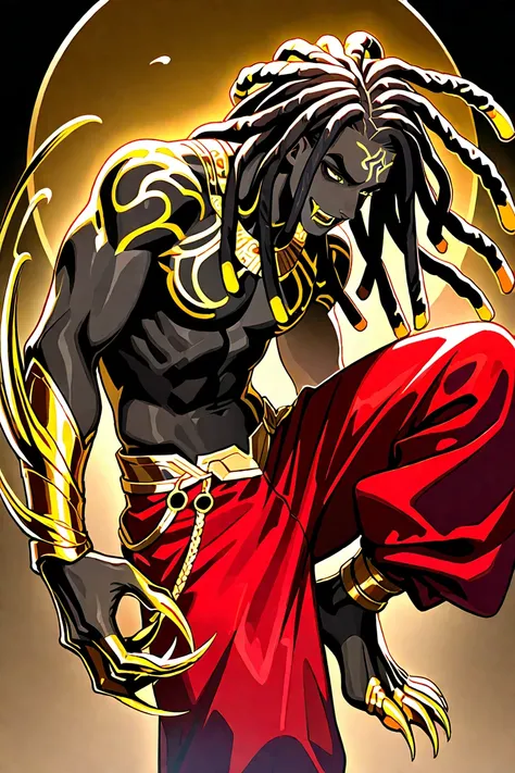 second background; (Boy with ebony skin) (black hair in dreadlocks decorated with gold) (fangs) ( Athletically bodied ) (embittered) ( loose fitting red pants) (Golden Claws)