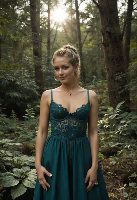 A breathtaking blonde woman with an intricate, crown-like braided hairstyle lies gracefully on a moss-covered stone deep within an ancient, misty forest at sunrise. She looks into the camera full of lust, her chin down, Her golden hair is woven into an ele...