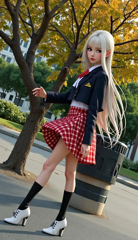  Young girl with long white hair up to the waist, in a white school blouse, a red checkered skirt in the city center ,   height 175  , weight 52  ,  city near a park with a school  