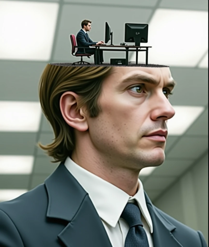 Create a realistic male person with hair with the top of the head cut in half and on top, Place a miniature of the same person sitting and using the computer  