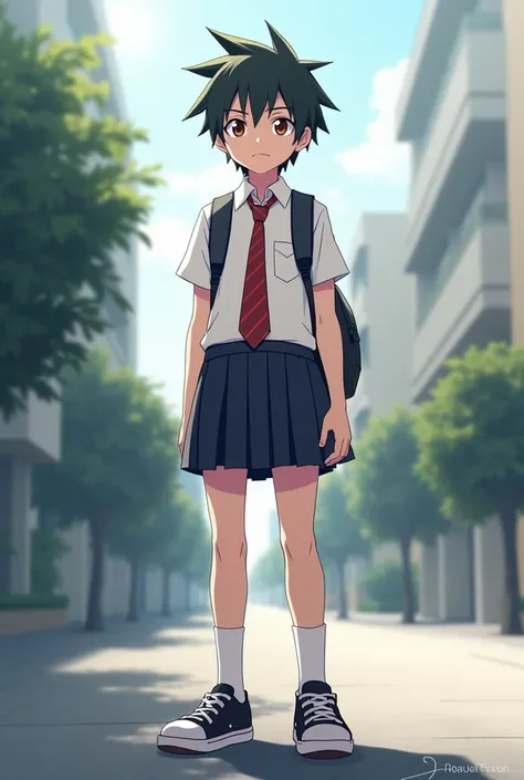 A young boy wearing schoolgirl uniform short hair sneakers Naruto style