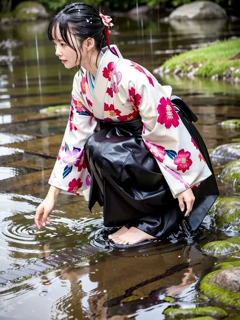 Realistic, long-sleeved kimono, hakama, long hakama, floral kimono, wet clothes, soaking wet clothes, wet gloss, clothes with a wet texture, clothes that stick to the body, wet clothes, rain-soaked clothes, soaking wet, immersed in a river, crawling on all...