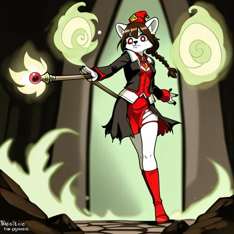  Furry female Anthro Red-Panda Magician ,  sexy young figure ,  magician's torn robe after a battle ,  visible chest , papillae are visible, Furry female Antro Red-Panda, in the hands of a battle magician's staff, casts the magic of death,  Furry female fl...