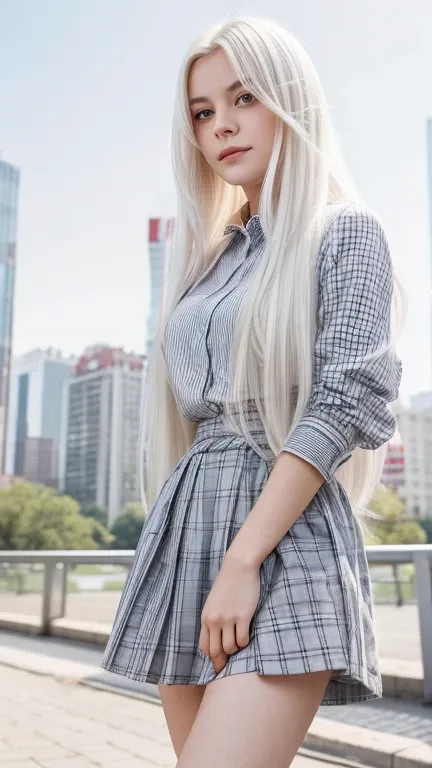  Young girl with long white hair up to the waist, 
wearing a white blouse, red checkered skirt in the city center ,  
 height 175  , weight 52  ,  city near a park with a school  