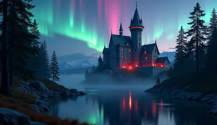  dark forest , with a grand black stone castle, Red flame torches on the walls,  starry sky , tallest tower above the clouds,  a large rose-shaped aurora borealis over the castle, a crystalline lake next door reflecting the sky.