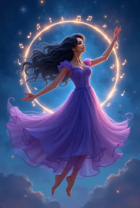 Create the realistic image of a woman dressed in a purple and blue dress. The dress is flowing and light. The dress consists of but, very delicate. She has long wavy black hair. She's flying under a starry night sky.  around it, There are many musical note...