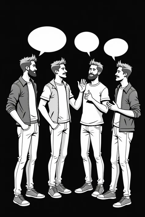 Black and white chat image of men from Sintra up black background everyday clothes gesturing with conversation bubbles over their heads very fun.