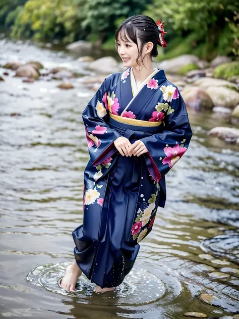 Realistic, long-sleeved kimono, hakama, long hakama, floral kimono, wet clothes, soaking wet clothes, wet gloss, clothes with a wet texture, clothes that stick to the body, wet clothes, rain-soaked clothes, soaking wet, running through water, being submerg...