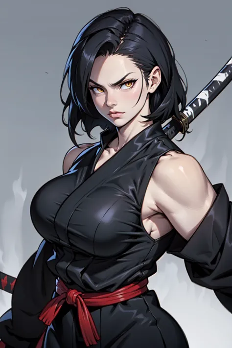 katana katana katana katana black hair yellow eyes pale skin girl huge muscles large breasts serious