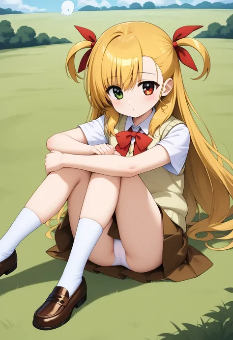  score_9,  score_8_ up,  score_7_ up,  score_6_ up,  score_5_ up,  score_4_ up,  source_Anime, ghost,  long hair,  blonde hair, stupid hair, two side  up,  hair bow, Heterochromia,  file,  school uniform,  red ribbon,  white shirt,  sweater vest,  yellow s...