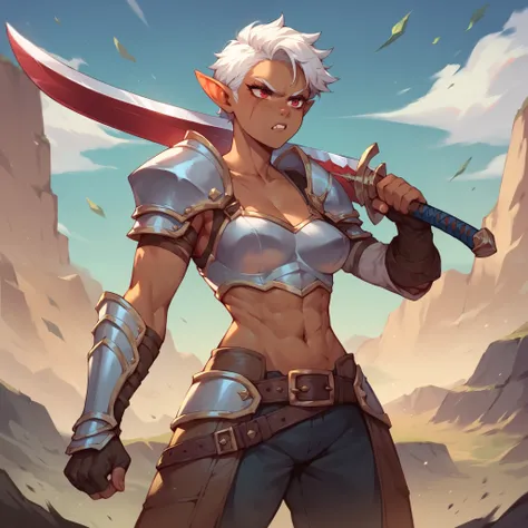 a dark skin tomboy elf. she has white hair and red eyes and has a scar across her face. she is wearing full plated armor and has a sword in one hand. she stands over. she looks angry and mad. valley of a battlefield.