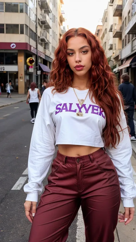 24 years old, slim and curvy body. Light brown skin (wavy red hair), light brown eyes, full lips with purple lipstick, clear expression lines. Wears skate clothes, baggy pants and stylish skate shoes. Is walking on the streets.