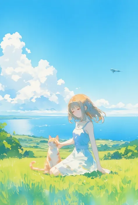  watercolor、cat、 one girl、catと女の子、 Hill with a View of the Sea 、lawn、Cumulonimbus、  blue sky、 Airplane Clouds 、 Fantastic Scenery、 beautiful landscape、 