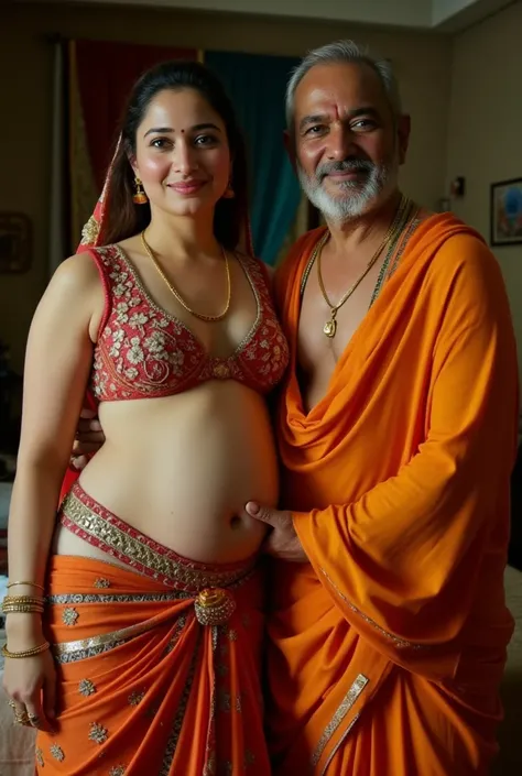 Photo of a Beautiful pregnant Young Indian woman tamannaah having medium skin, fully naked, Large U Cut Cleavage exposed, 9 months pregnant belly, standing beside a 60 year Old hindu pandit, Both Smiling looking at the camera. Location is indoors, poor man...