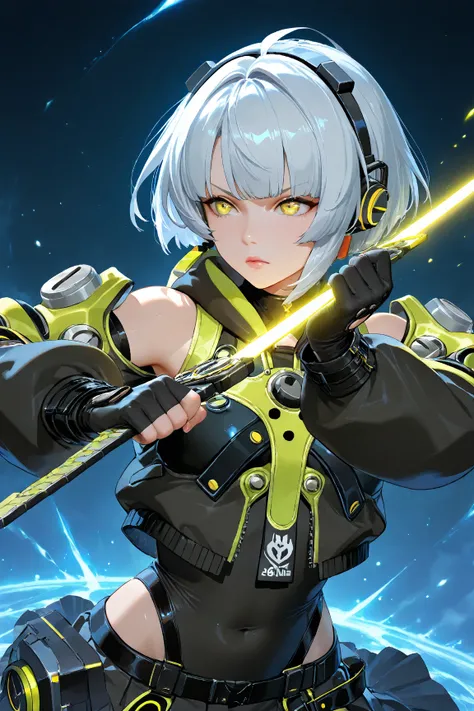 Anby Demara, 1 girl, Short hair,  art style, glitter, shine, radiance, white hair, In the abyss zone background, Fighting stance, serious look, yellow eyes, Beautiful body, soft lips, Ultra HD eyes,Super HD eyes, Ultra HD body,Super HD body,Hyper-realistic...