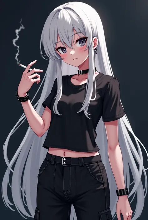 Anime style Girl, wears a black ring, a black t shirt and black cargo pants , long white-blonde hair. she has pale skin and white hair, shes cute, shes got small sized ass tits and thighs, shes got black eyes silver-black eyes and a midnight backround, hol...