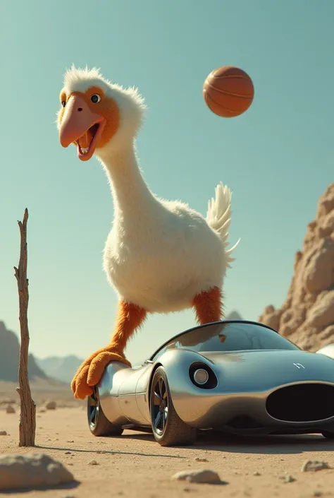 goose with hairy human legs, throws a basketball into the car, and a car from the future, there was a stick nearby watching this