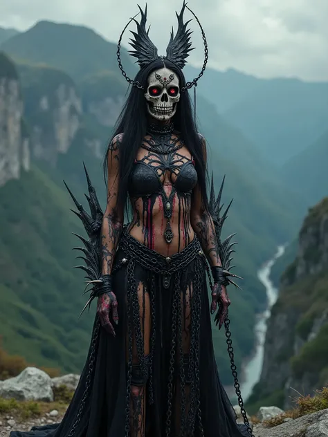 Beautiful Female cosmic entity,chain dress standing on a mountain cliff,with eye of Providence in the middle of her forehead,half skull half face,spilled with red and black goo,dark makeup,dark surrealism,dark realistic photography, dark occult art,melanch...