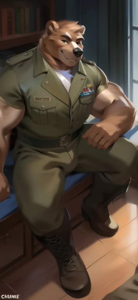  alone,  man big tall , Sitting inside ., in wardrobe , bear  ,black Green military Army uniform ,  wearing boots ,  heavy overload,  muscle,  smirking , by chunie 