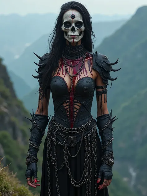 Beautiful Female cosmic entity,chain dress standing on a mountain cliff,with eye of Providence in the middle of her forehead,half skull half face,spilled with red and black goo,dark makeup,dark surrealism,dark realistic photography, dark occult art,melanch...