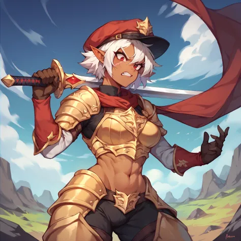 a dark skin tomboy elf. she has white hair and red eyes and has a scar across her face. she is wearing golden armor with a fur cap and has a sword in one hand. she looks angry and mad. valley of a battlefield.