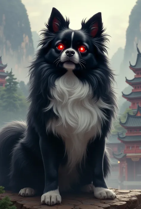 A black shih-tsu dog with a white belly and red eyes rules China