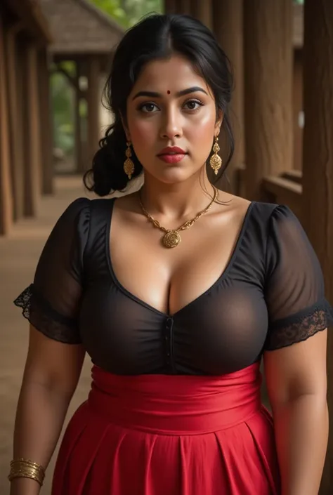  indian 45 year old chubby woman is wearing a full red long skirt, village forest hut, satin  front closer tight black blouse,big Deep cleavage,big sexy chest,big ,detailed body and face, big bright eyes, charming, sexy, perfect anatomy, braid hair, detail...