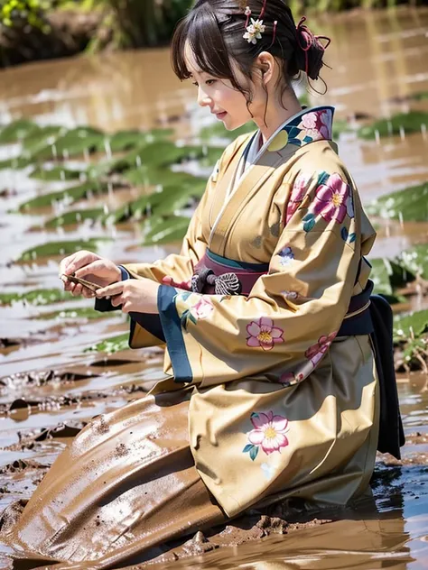 Realistic, long-sleeved kimono, hakama, long hakama, floral kimono, muddy clothes, muddy hakama, muddy hakama, muddy clothes, muddy clothes, mud splashes, immersed in mud, crawling on all fours,