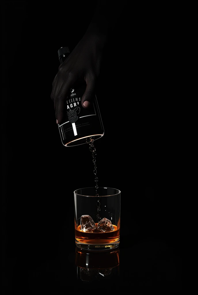 beautiful image, Bringer and a bottle of Black .  Lever on the label Roa pouring its liquid on a glass of whiskey with ice completely black background