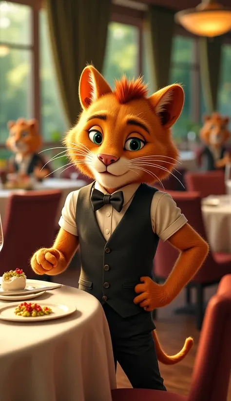  a tabby cat , dressed in an elegant vest with a board in hand, he bends down with a carefree attitude .  The lion in the previous scene is still at his table ,  looking at them impatiently .  The setting is still a luxury restaurant in the jungle ,  with ...