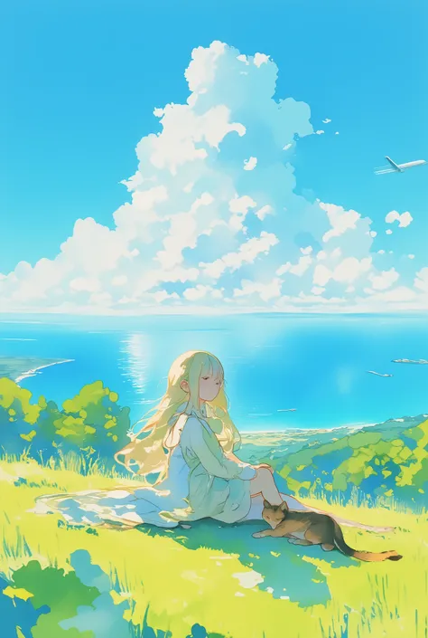  watercolor、cat、 one girl、catと女の子、 Hill with a View of the Sea 、lawn、Cumulonimbus、  blue sky、 Airplane Clouds 、 Fantastic Scenery、 beautiful landscape、 