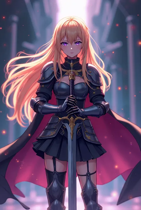 1 Girl, Weapon, Sword, Solo, Gloves, Knight, Holds a Weapon, Armed, Blonde, Holds a Sword, 16k, 1 Beautiful Knight, (((Full Body))), ((Standing)), Vibrant Colors, Top Quality, Masterpiece, World-Class Professional Animator, Blonde Long Hair, Black Skirt Ar...