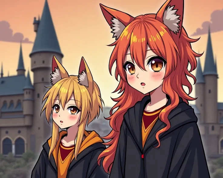 Japanese manga style,

1 girl - feminine, long ginger hair, curly hair, brown eyes, ginger fox ears, ravensclaw robe, looking at camera

1 guy -  masculine, cat ears, short hair, blonde hair, narrow eyes, blue eyes, gryffindor robe, looking at camera

Spac...